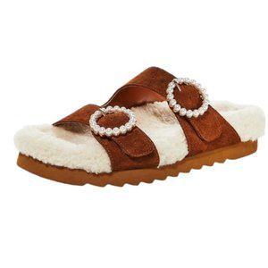 Aqua Suede & Pearl Furry Slides